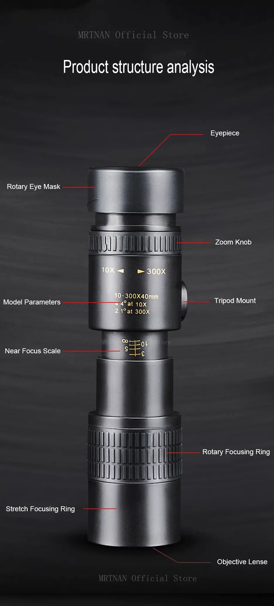 Monoculaire Portable Puissant 10-300x40 Zoom - Avec Trépied et Support Téléphone