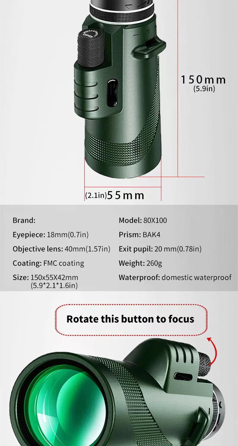 Télescope Portable Zoom HD 80x100 - Idéal pour la chasse, le camping et les voyages