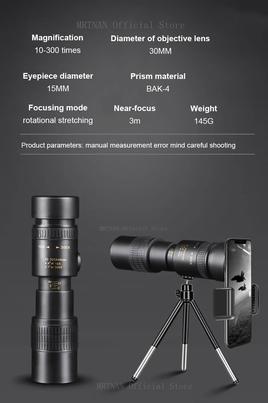 Monoculaire Portable Puissant 10-300x40 Zoom - Avec Trépied et Support Téléphone
