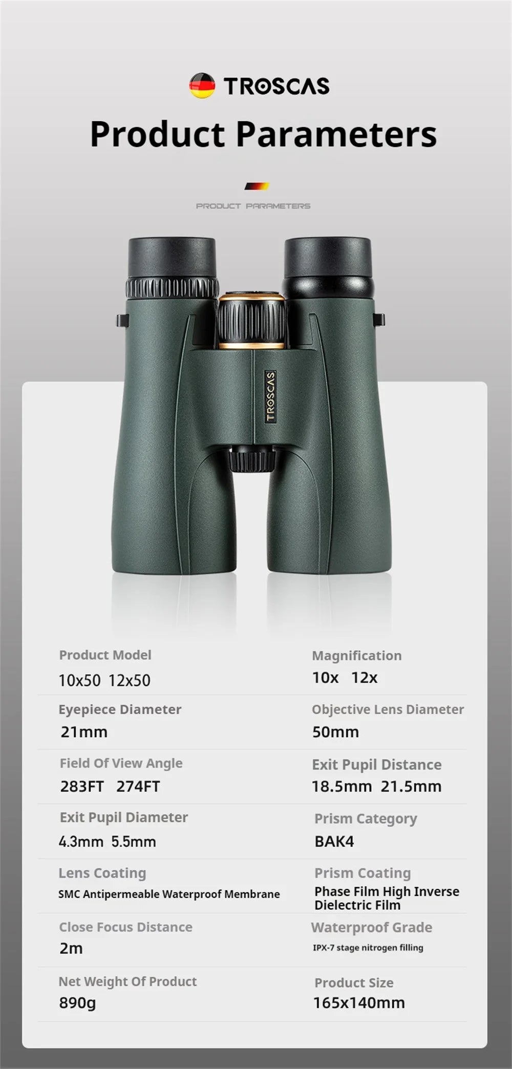 Jumelles Ponbos 12x50 HD ED Binocular Telescope SMC Coating Birdwatching Mirror Outdoor Waterproof Binoculars for Hunting Camping