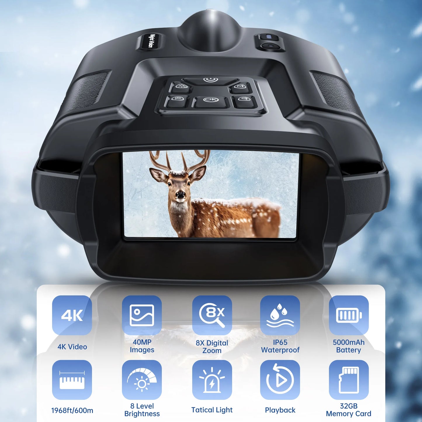 Jumelles tactiques infrarouges numériques HD 8x avec zoom 4K - 600m plein noir