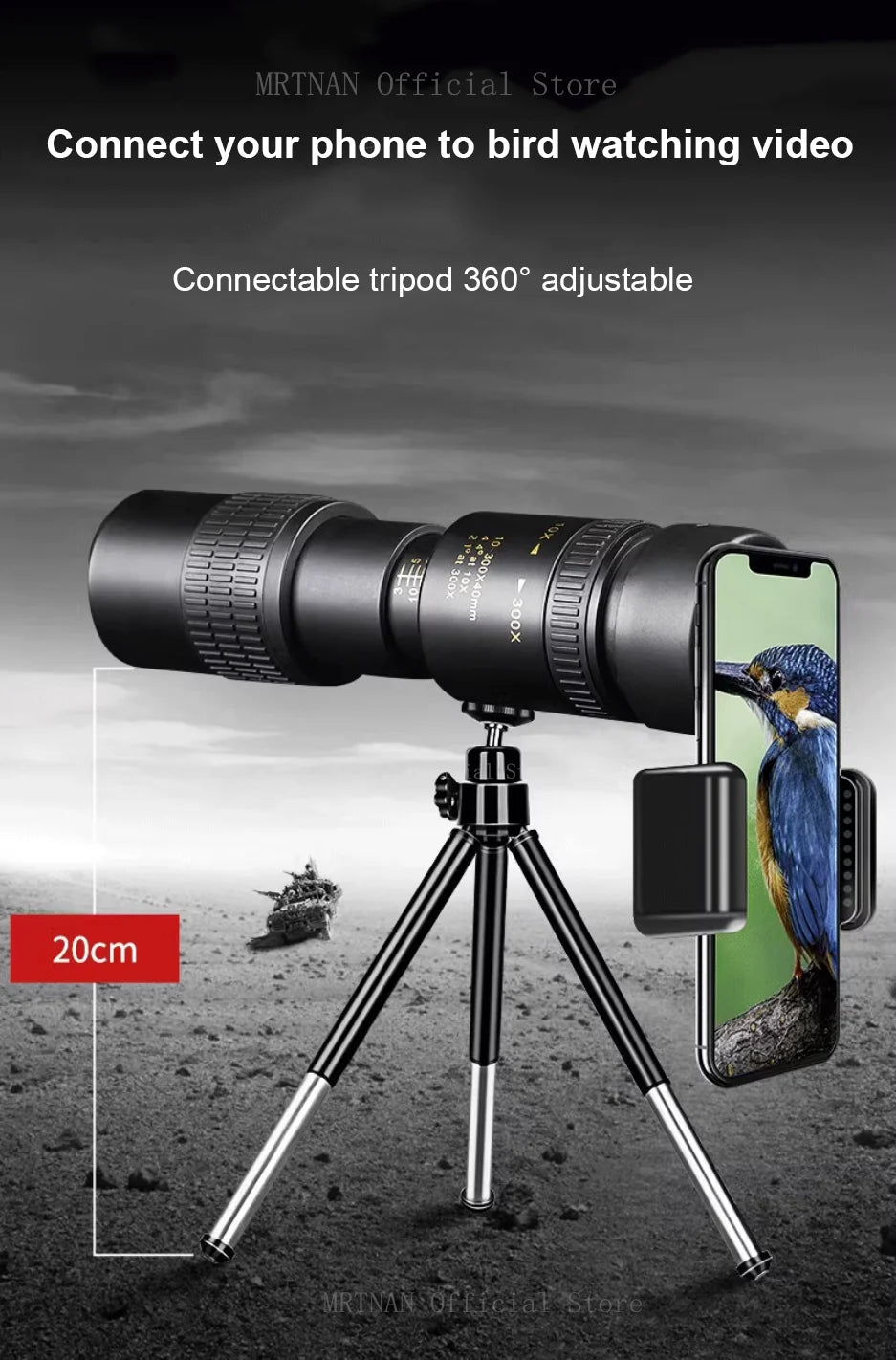 Monoculaire Portable Puissant 10-300x40 Zoom - Avec Trépied et Support Téléphone
